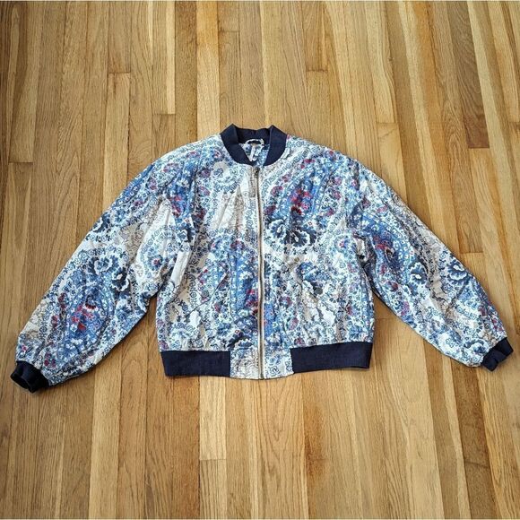 Free People Printed Bomber Jacket Floral Navy Blue white and red - Picture 1 of 5